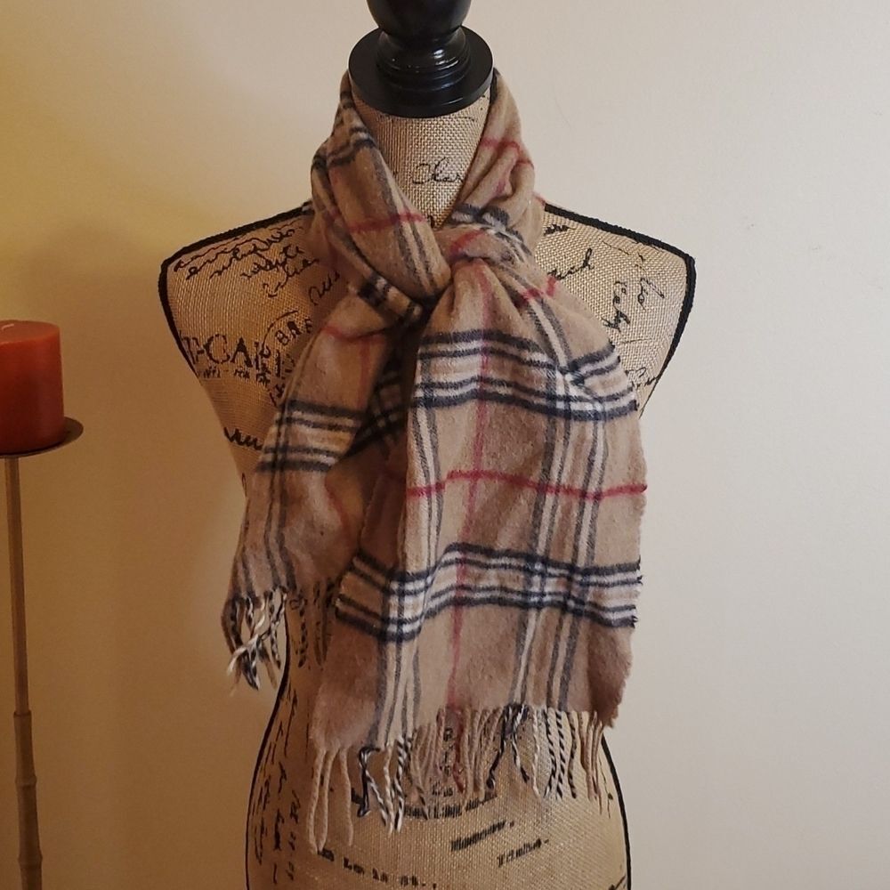 Tan Plaid Fringed Scarf Wrap Classic Tartan Check Neutral One Size - Picture 2 of 5
